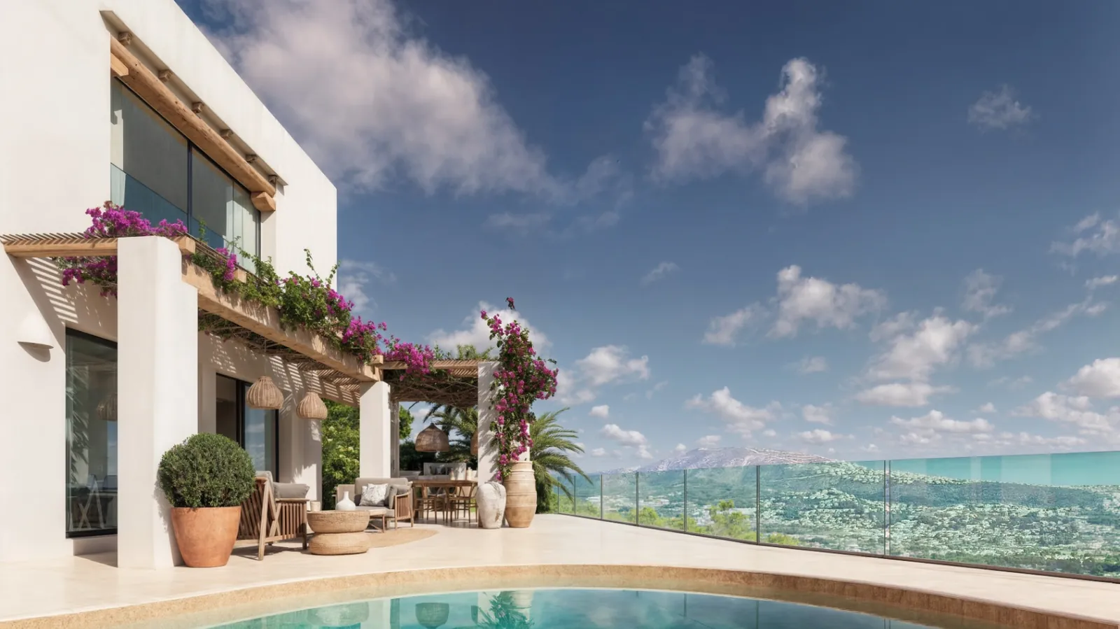 Villa de estilo ibicenco en venta en Moraira con vistas panorámicas al mar