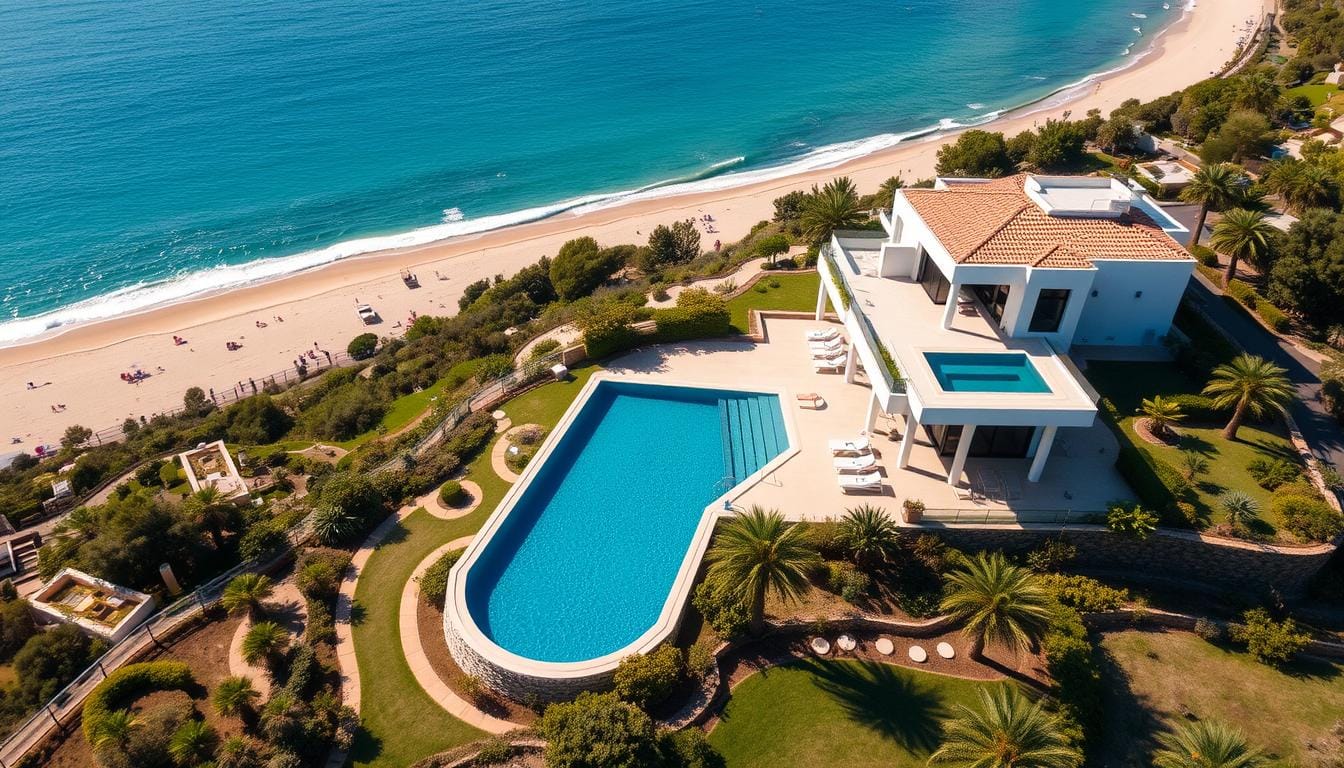Vedere aeriană a unei vile exclusive pe prima linie de coastă pe Costa Blanca