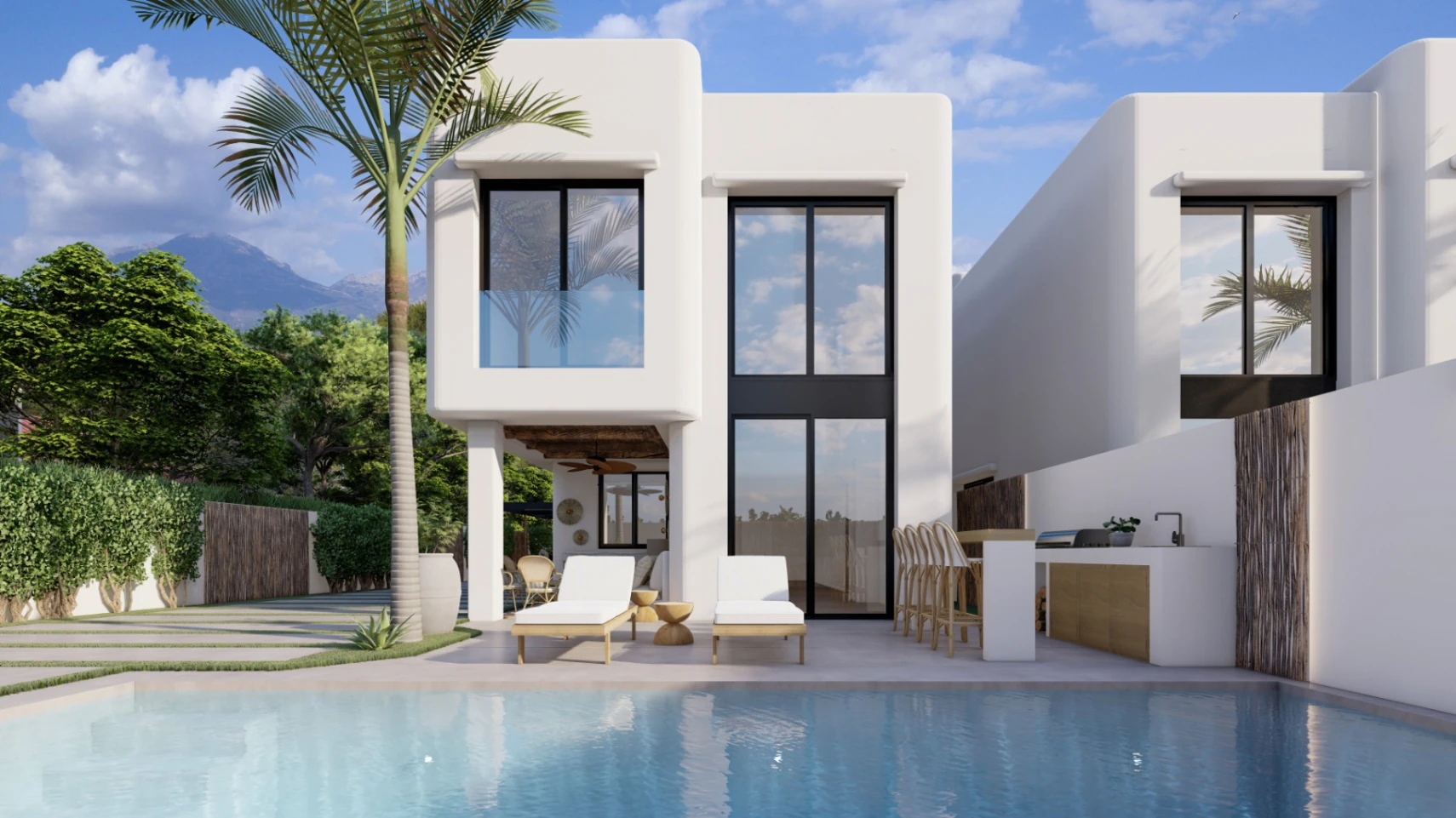 Exclusieve nieuwbouw bungalow in ibizastijl met een eigen perceel en privézwembad aan het strand van Albir, Costa Blanca.
