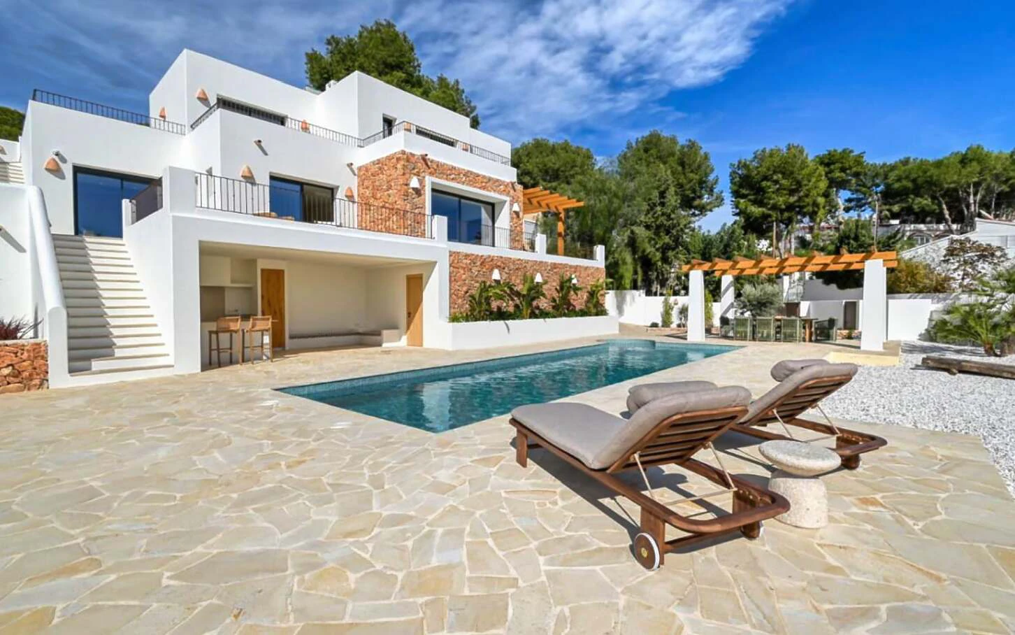 Brand new luxury villa in chic Ibizan style with sea views in Moraira, Northern Costa Blanca.