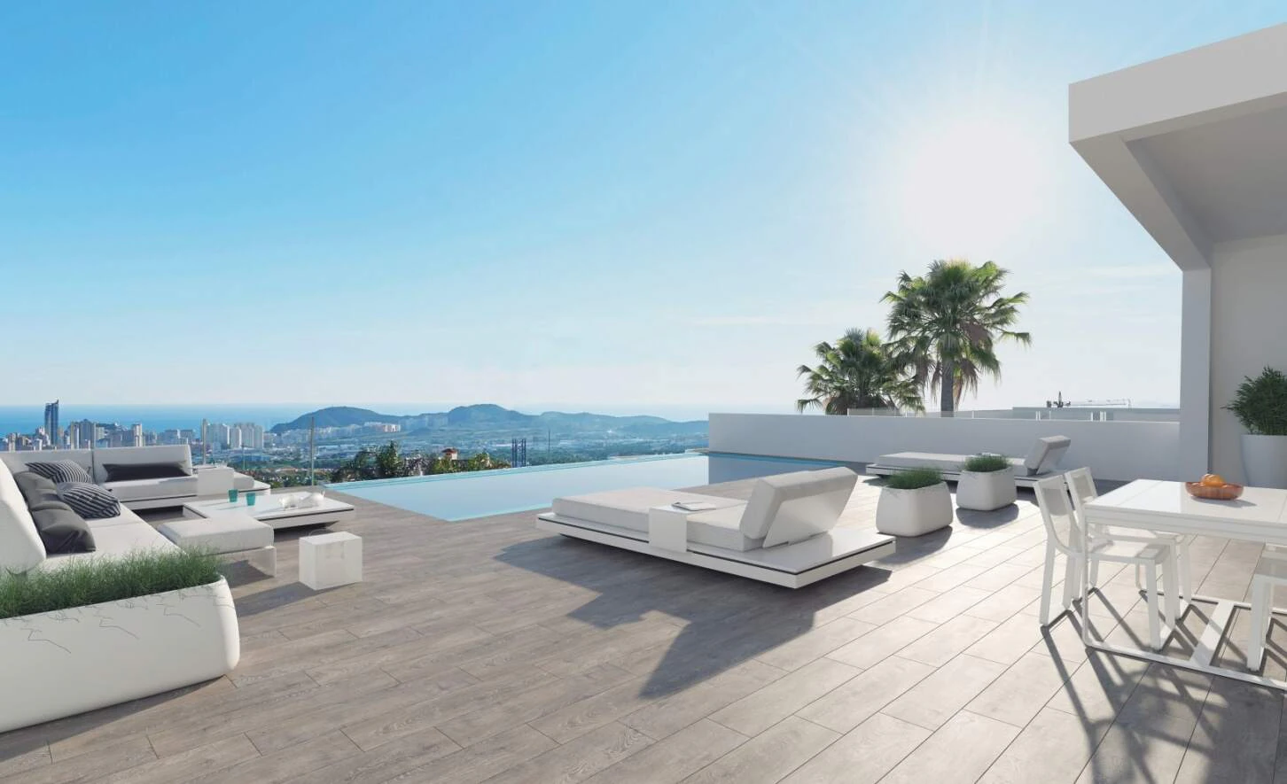 Moderne villa net gebouwd met panoramisch uitzicht op zee in Finestrat, infinity pool en exclusief design naast Benidorm.