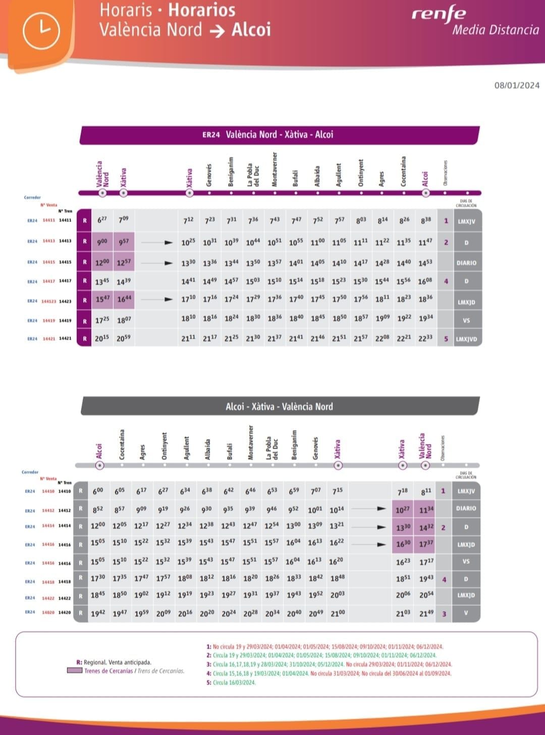 Renfe actualiza los horarios del tren de Valencia - Xàtiva - Ontinyent y Alcoy