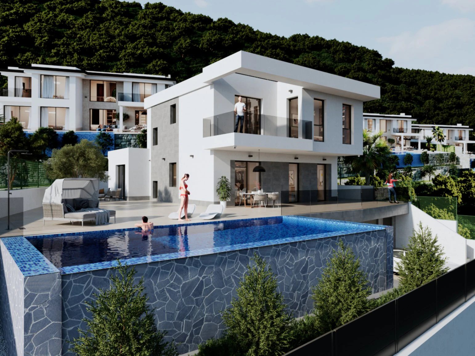 Moderne villa met panoramisch uitzicht op zee, garage en overloopzwembad te koop in Finestrat