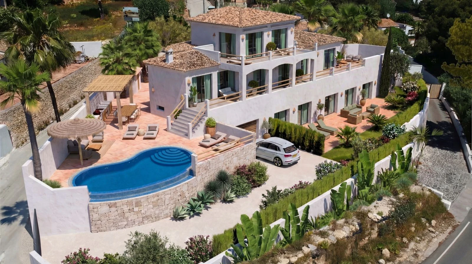 Exclusiva villa moderna de estilo mediterráneo- ibicenco, a tan solo 100 metros de la playa.