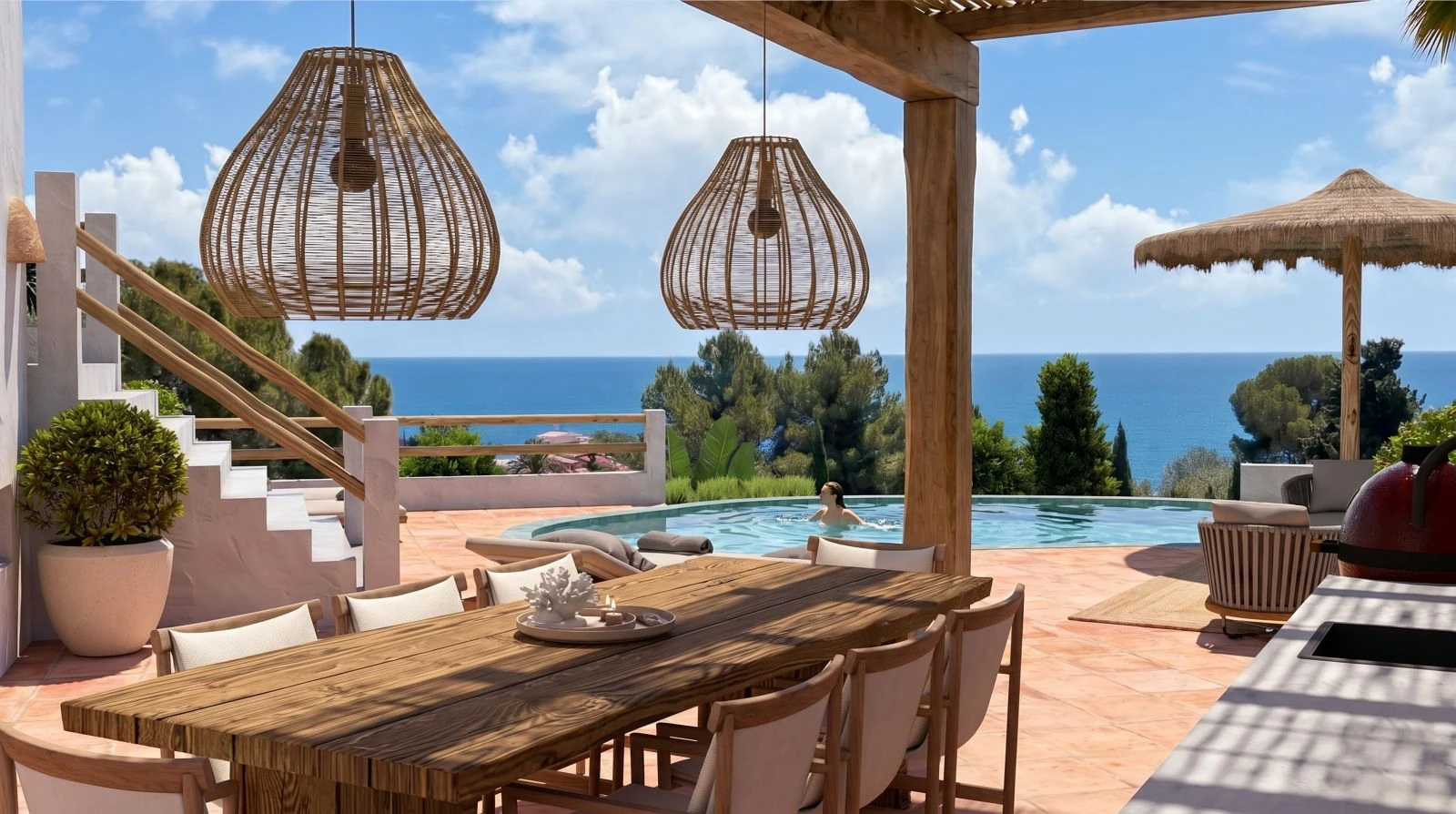 Designer villa with fantastic sea views in Mediterranean Ibiza style, just 100 metres from the beach.