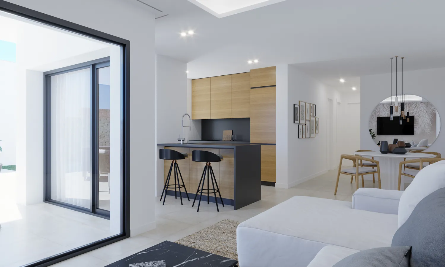 Finestrat: Moderne en gelijkvloerse nieuwbouw villa met open zeezicht