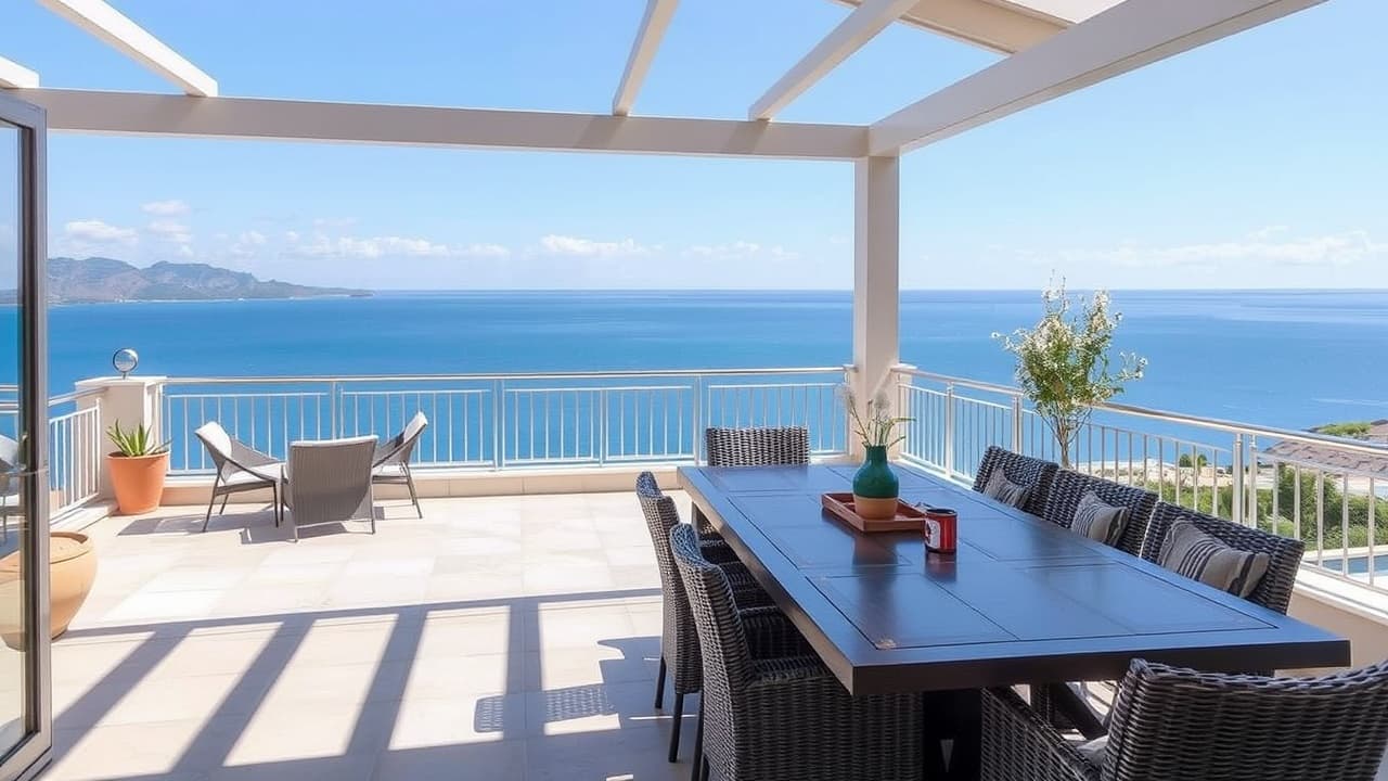Eine geräumige Terrasse mit einem beeindruckenden Blick auf das Meer.