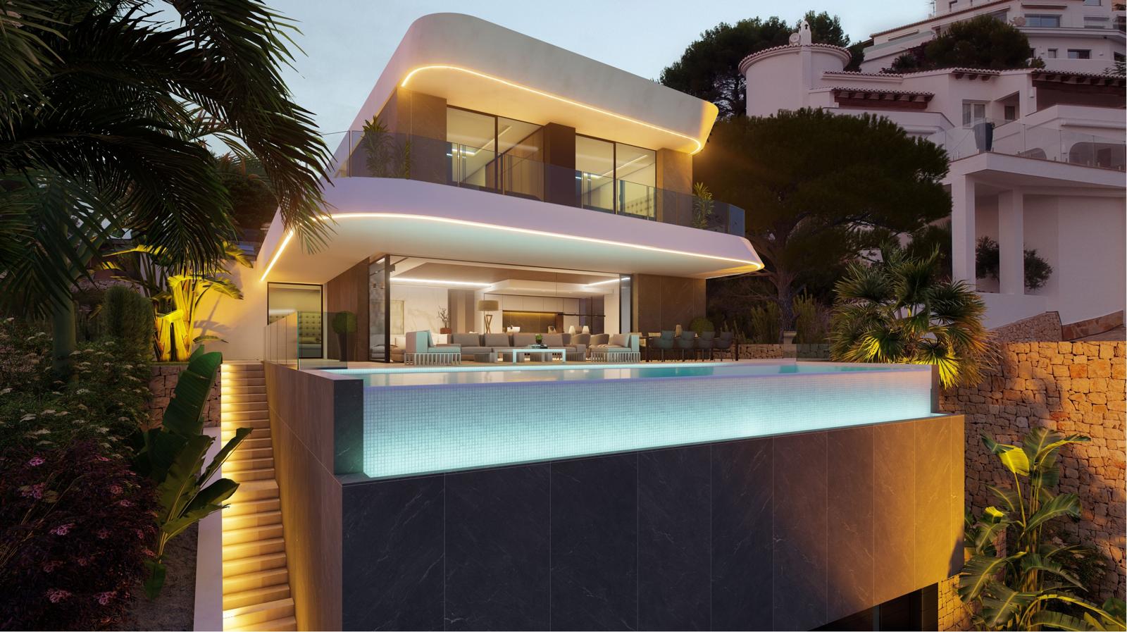 Luxe villa in Moraira met panoramisch uitzicht op zee en infinity pool dicht bij het strand El Portet