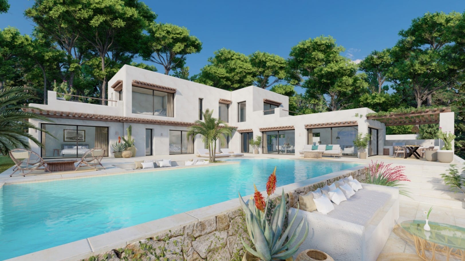 Villa de lujo de estilo ibicenco moderno en Balcón al Mar, Jávea, con vistas al mar y piscina privada