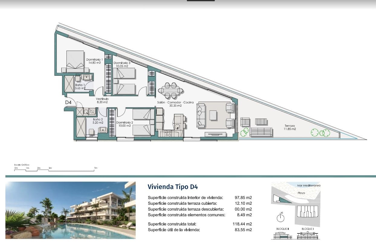 Apartamento de 3 dormitorios en la 1ª planta en primera línea en Denia