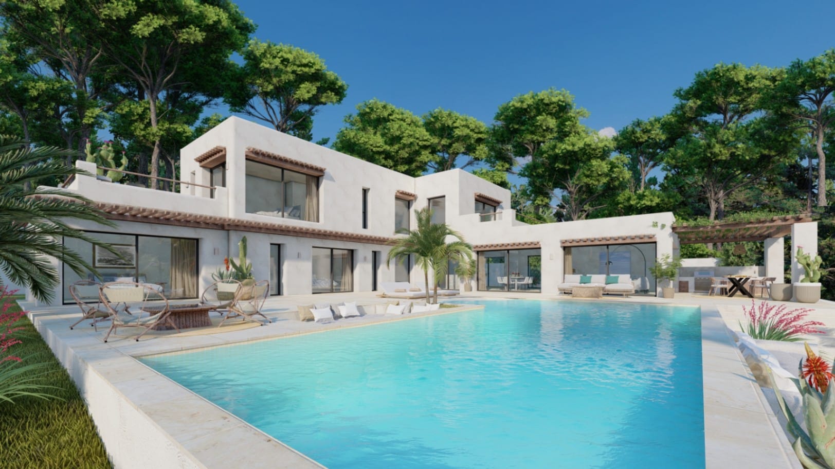 Villa de lujo de estilo ibicenco moderno en Balcón al Mar, Jávea, con vistas al mar y piscina privada