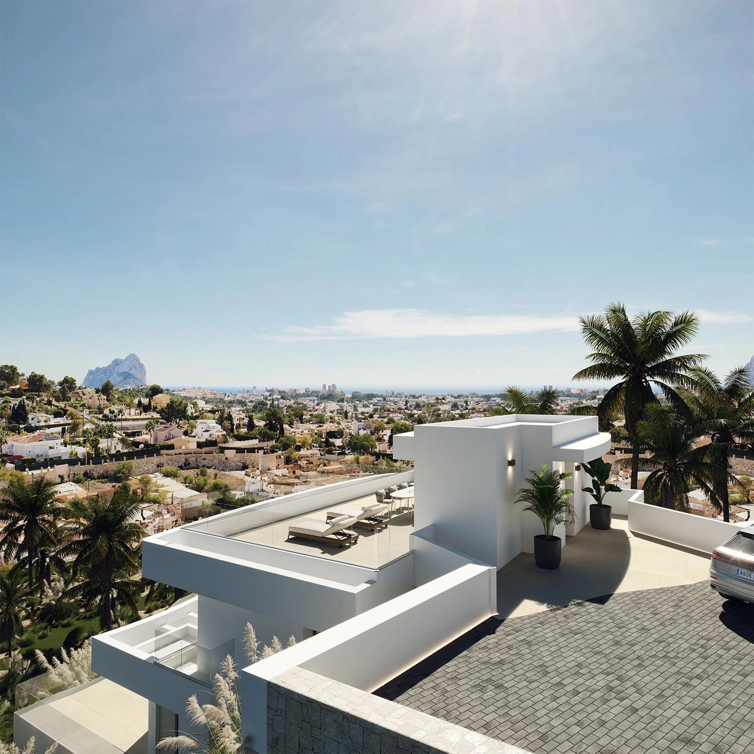 Villa design à Calpe avec orientation sud et vue sur la mer.