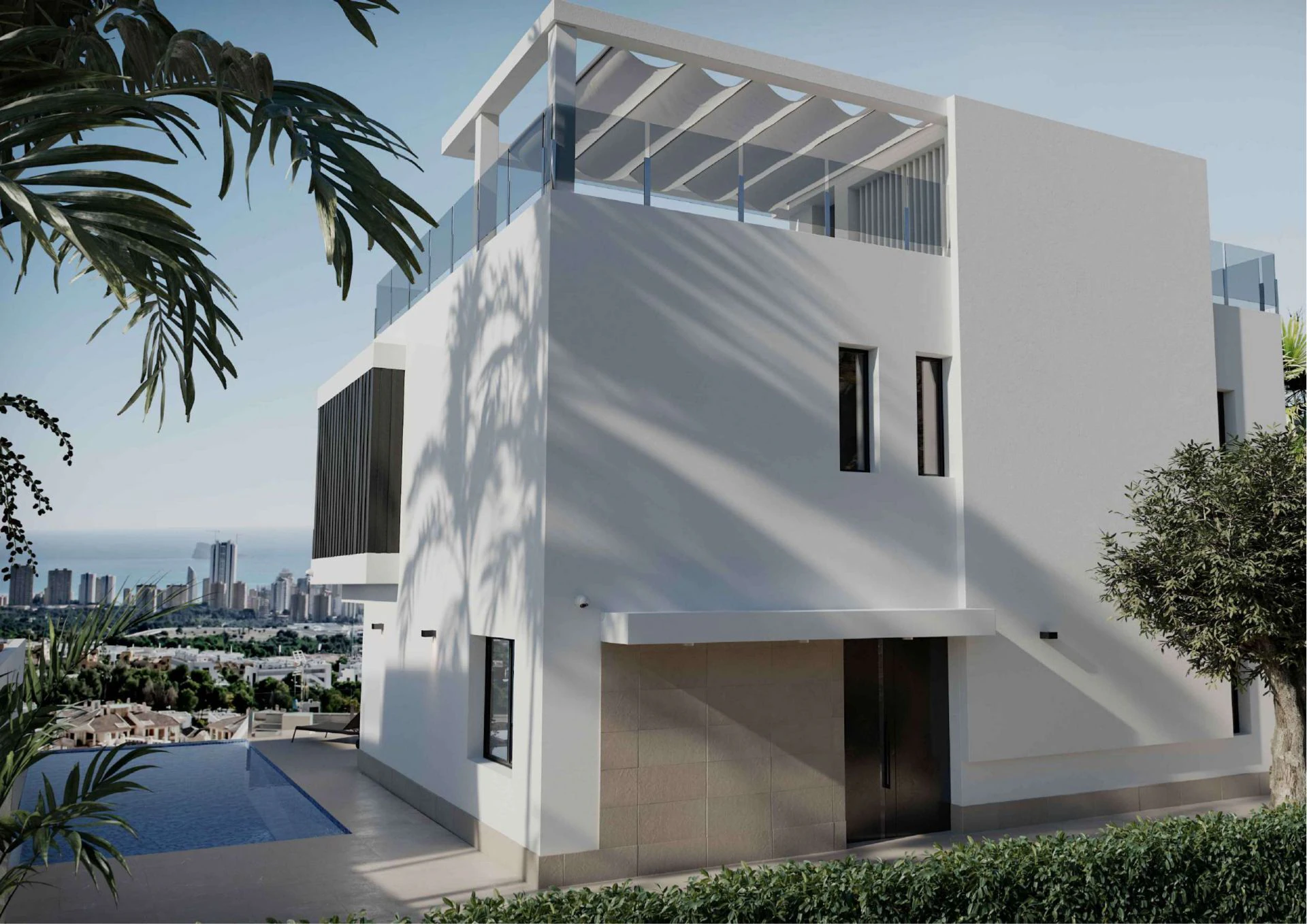 Villa de obra nueva en Sierra Cortina, Finestrat, con vistas panorámicas al mar y al skyline de Benidorm