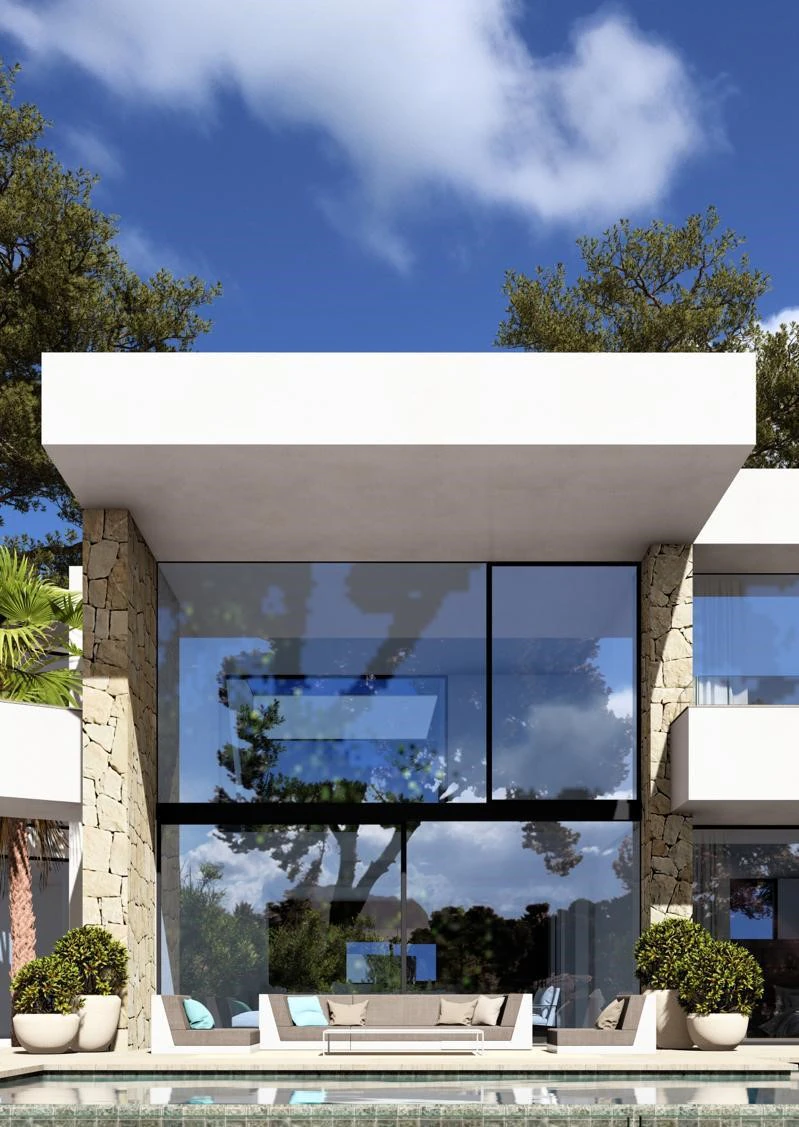 Luxe nieuwbouwvilla in Moraira met zeezicht, 5 suites, infinity zwembad en een eigentijds ontwerp.