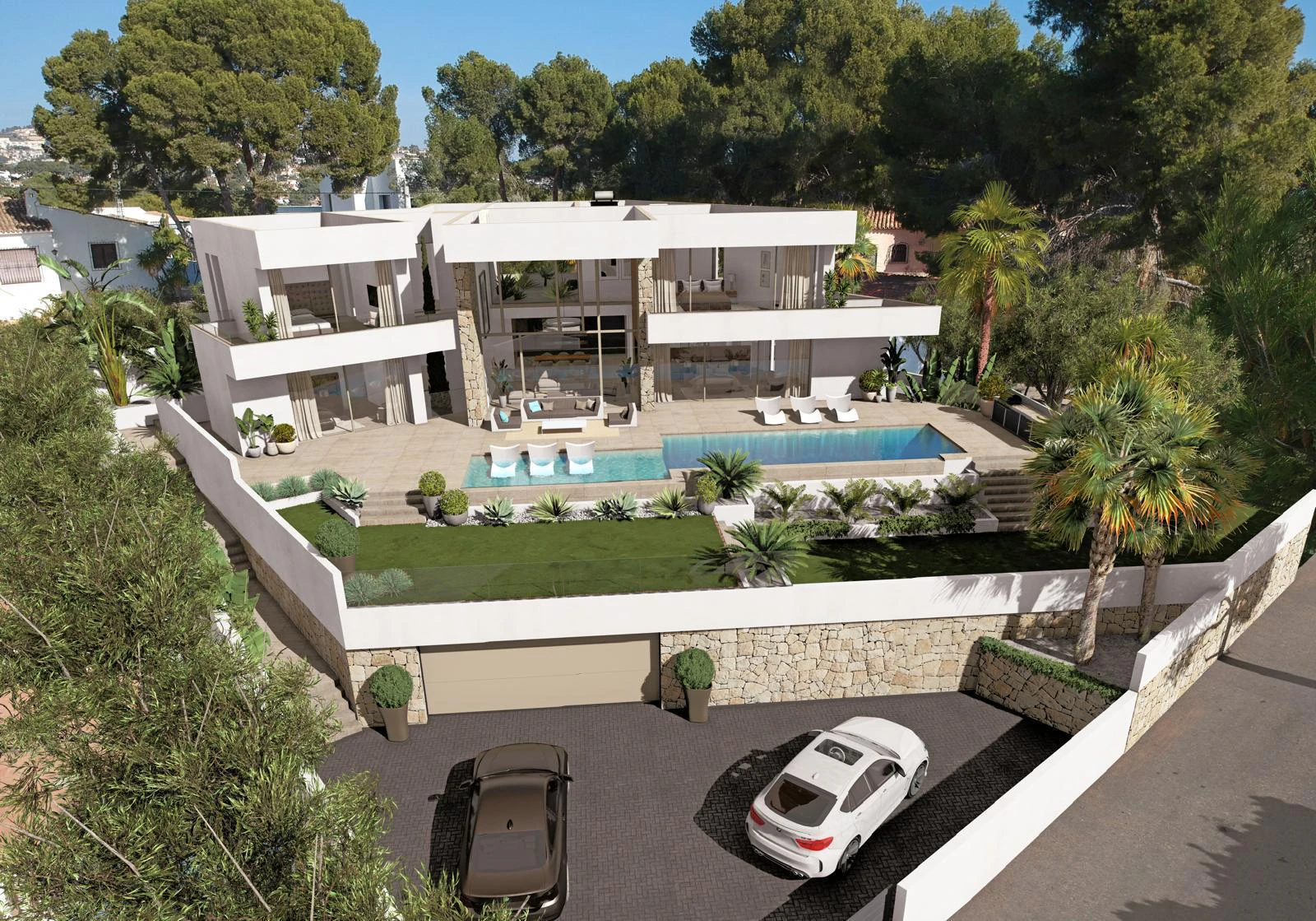 Luxe nieuwbouwvilla in Moraira met zeezicht, 5 suites, infinity zwembad en een eigentijds ontwerp.