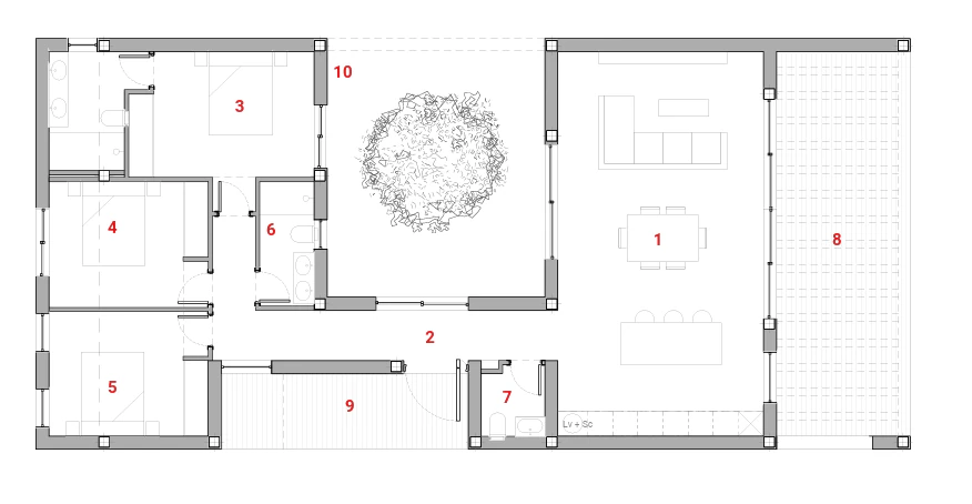 Villa moderna de una sola planta con patio interior y piscina privada