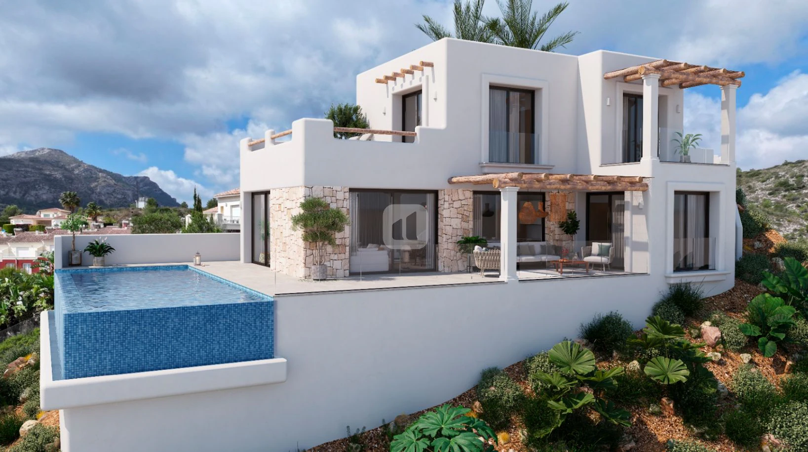 Villa con vistas al mar estilo Ibiza en venta en Pedreguer, cerca de Dénia.