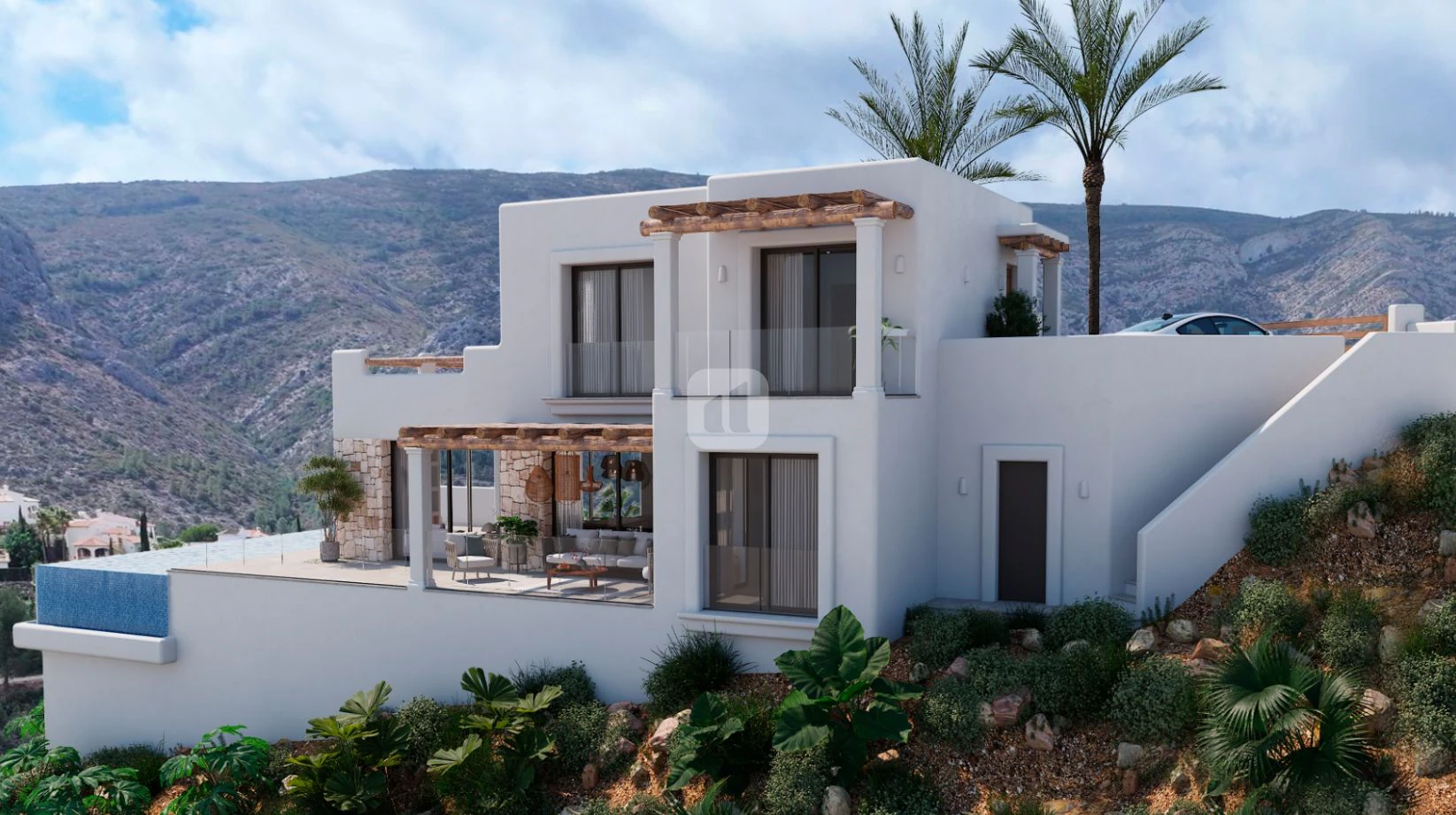 Villa con vistas al mar estilo Ibiza en venta en Pedreguer, cerca de Dénia.
