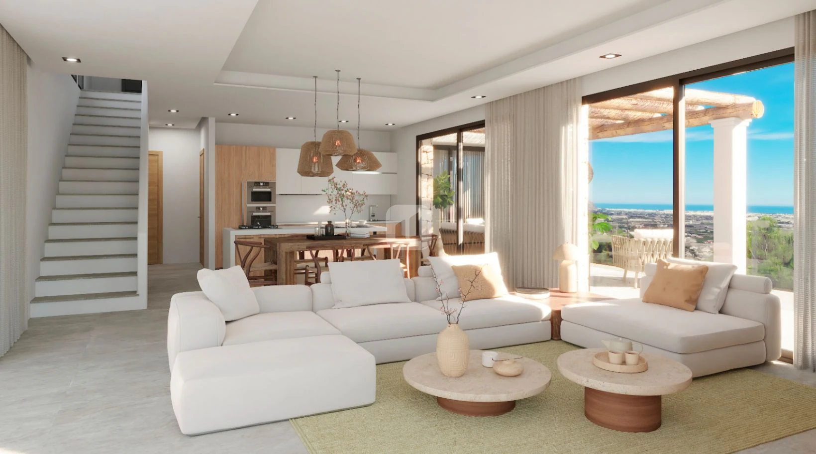 Villa con vistas al mar estilo Ibiza en venta en Pedreguer, cerca de Dénia.