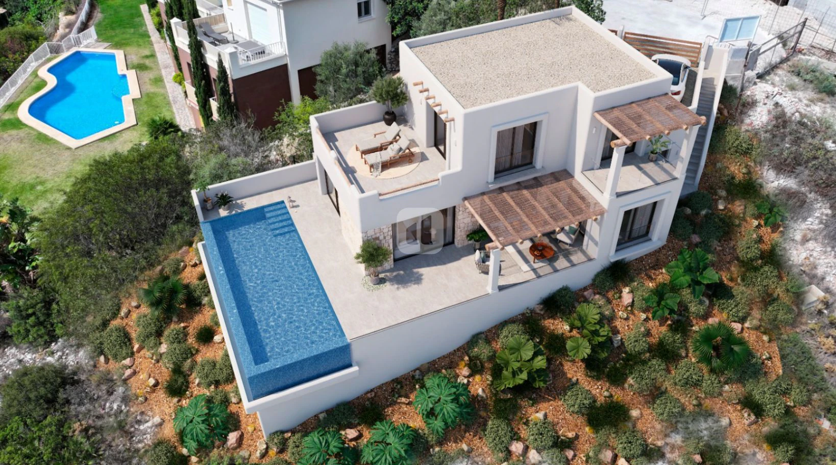 Villa con vistas al mar estilo Ibiza en venta en Pedreguer, cerca de Dénia.