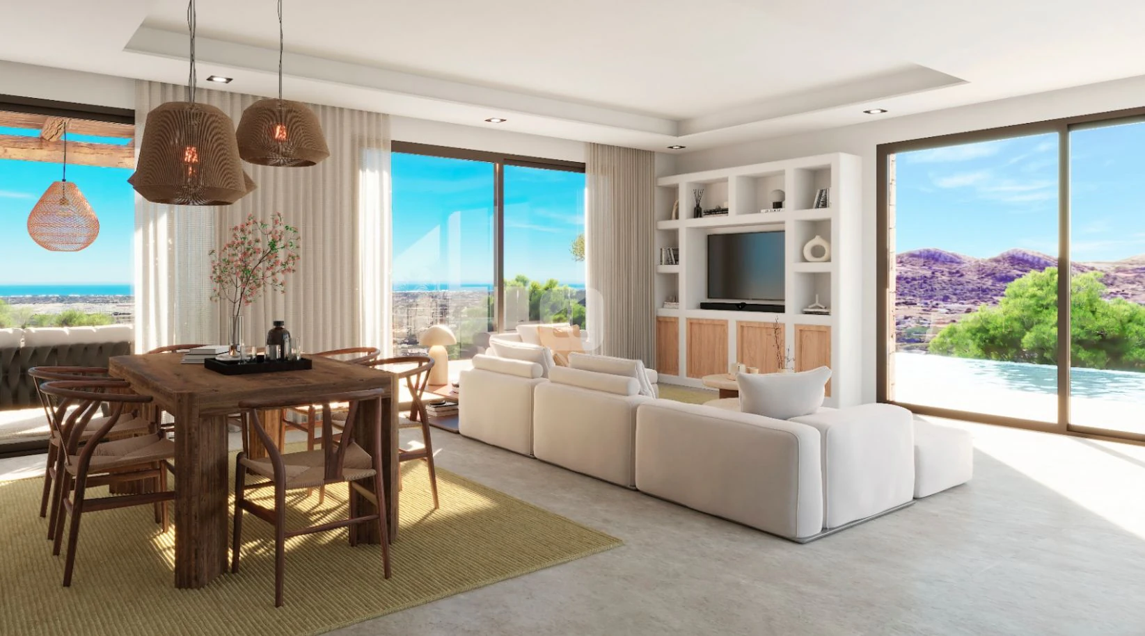 Villa con vistas al mar estilo Ibiza en venta en Pedreguer, cerca de Dénia.