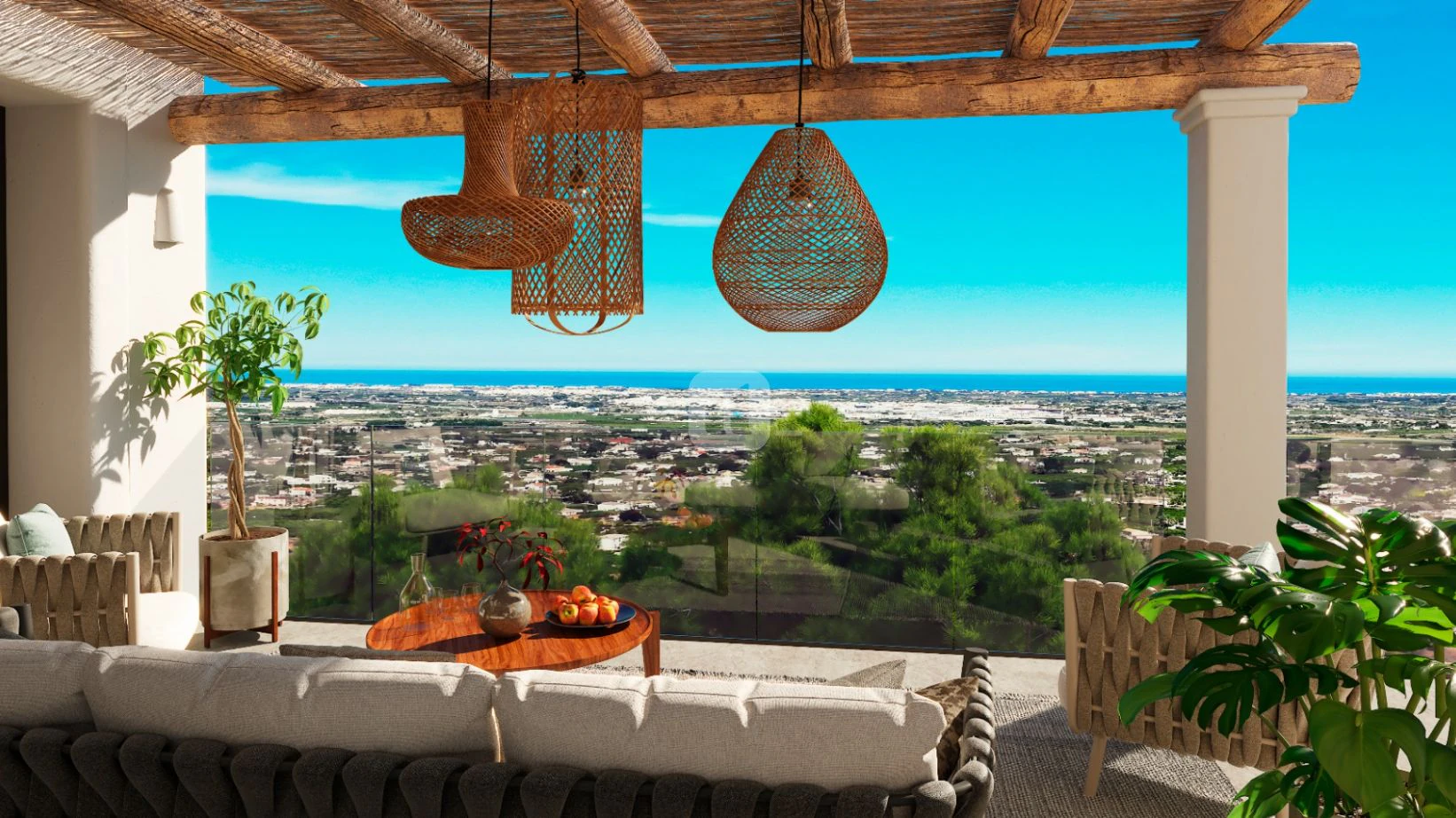 Villa con vistas al mar estilo Ibiza en venta en Pedreguer, cerca de Dénia.