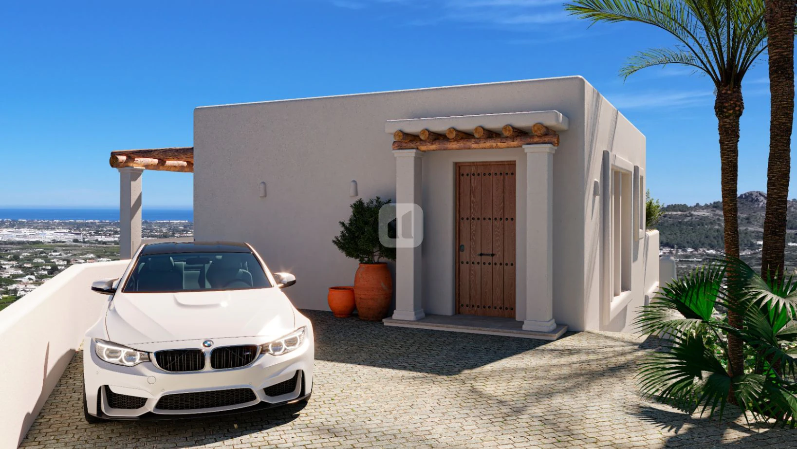 Villa con vistas al mar estilo Ibiza en venta en Pedreguer, cerca de Dénia.