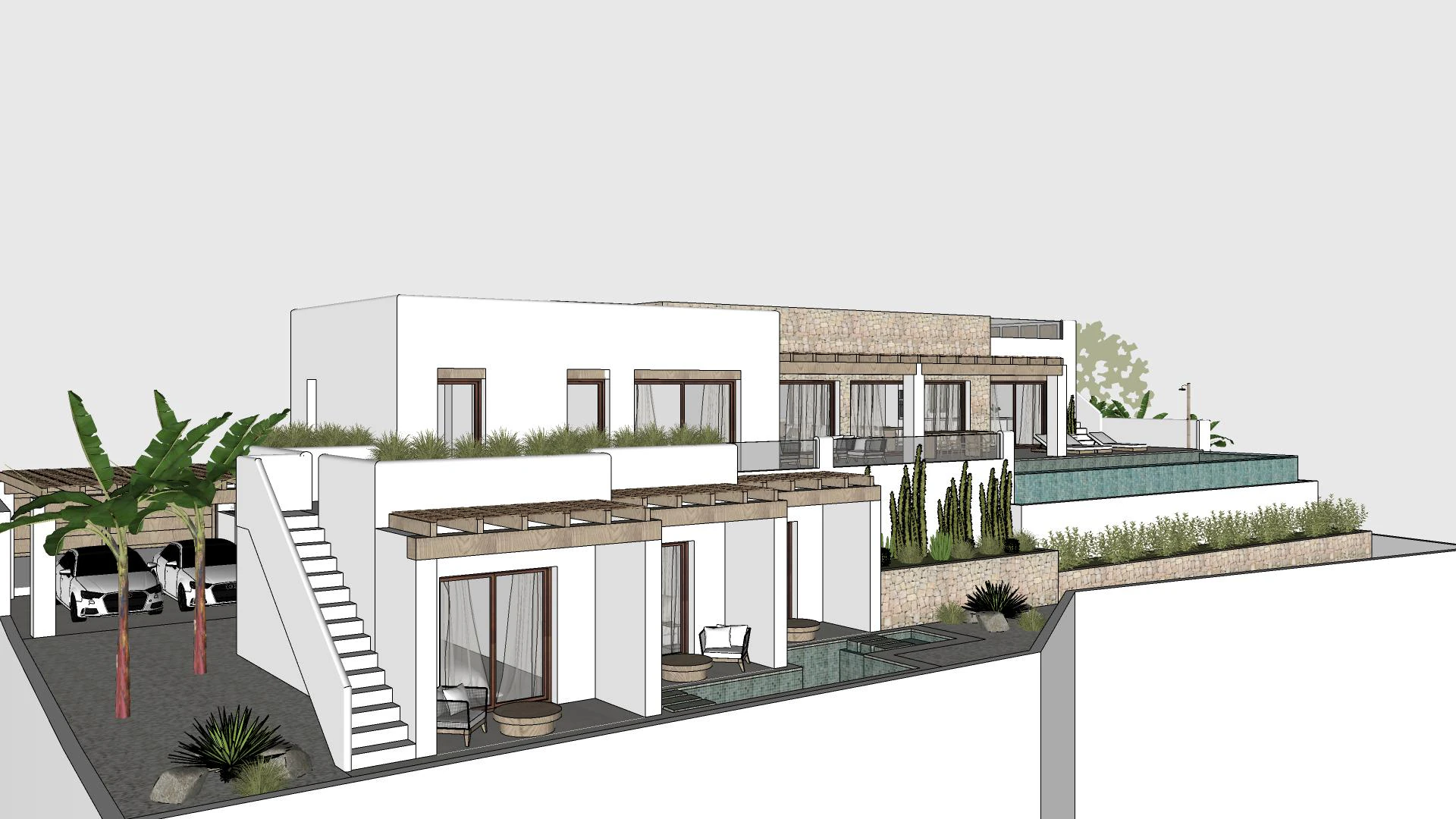 Villa de lujo estilo Ibiza en construcción con vistas al mar