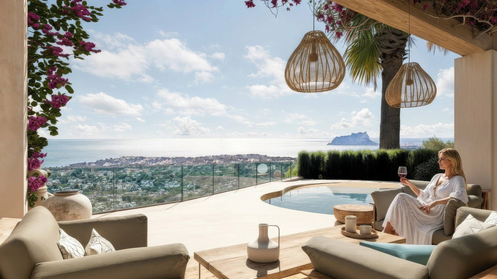 Exclusive Ibiza-style villa with panoramic sea and mountain views in Moraira
