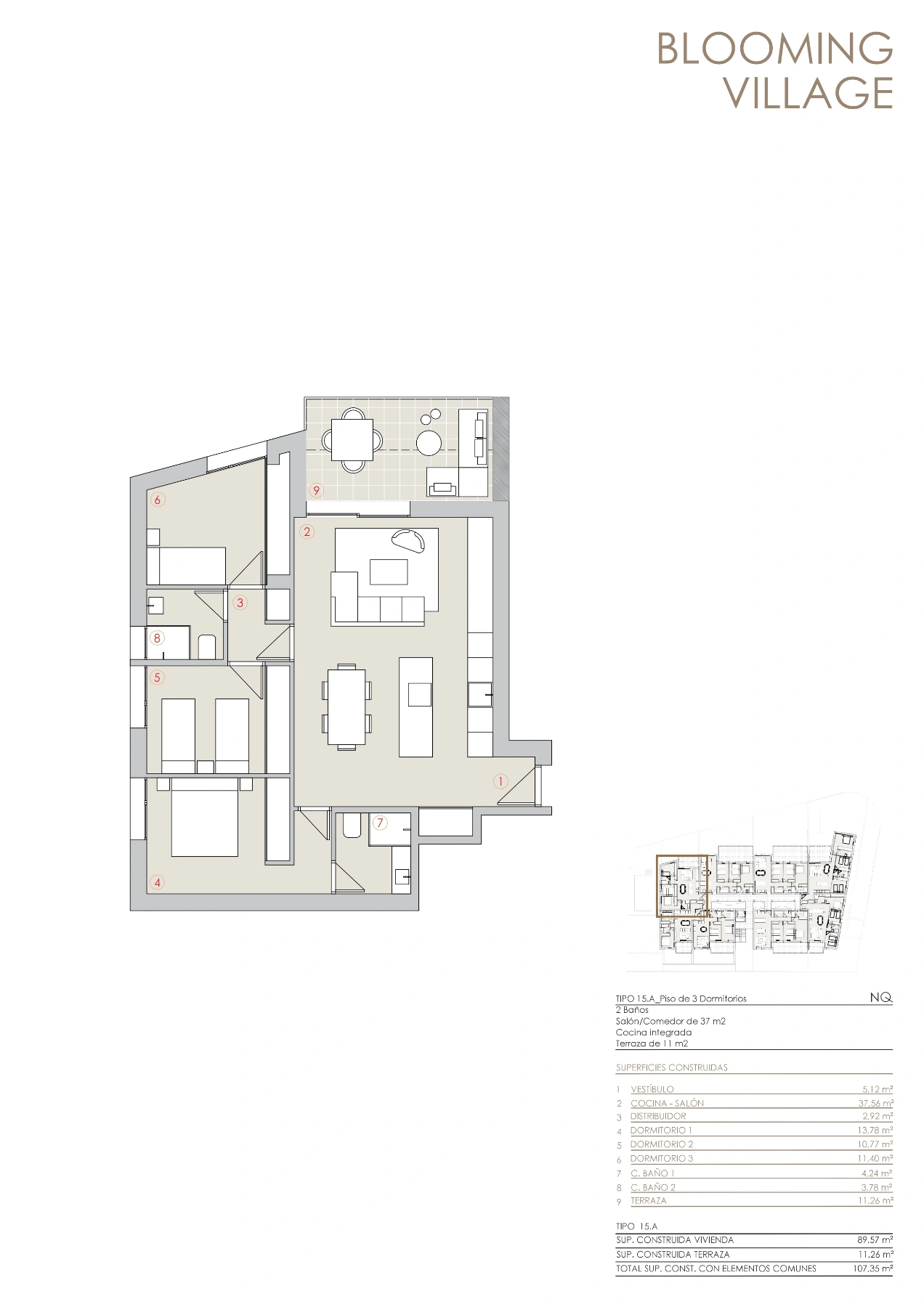 Apartamento de 3 habitaciones y dos baños en Blooming Village Jávea.