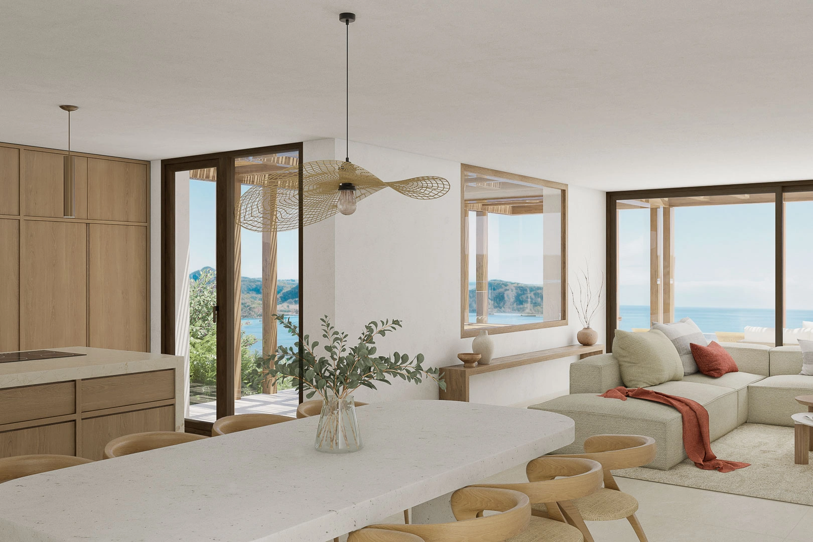 Proyecto de villa moderna en construcción dentro de una urbanización con vistas al mar