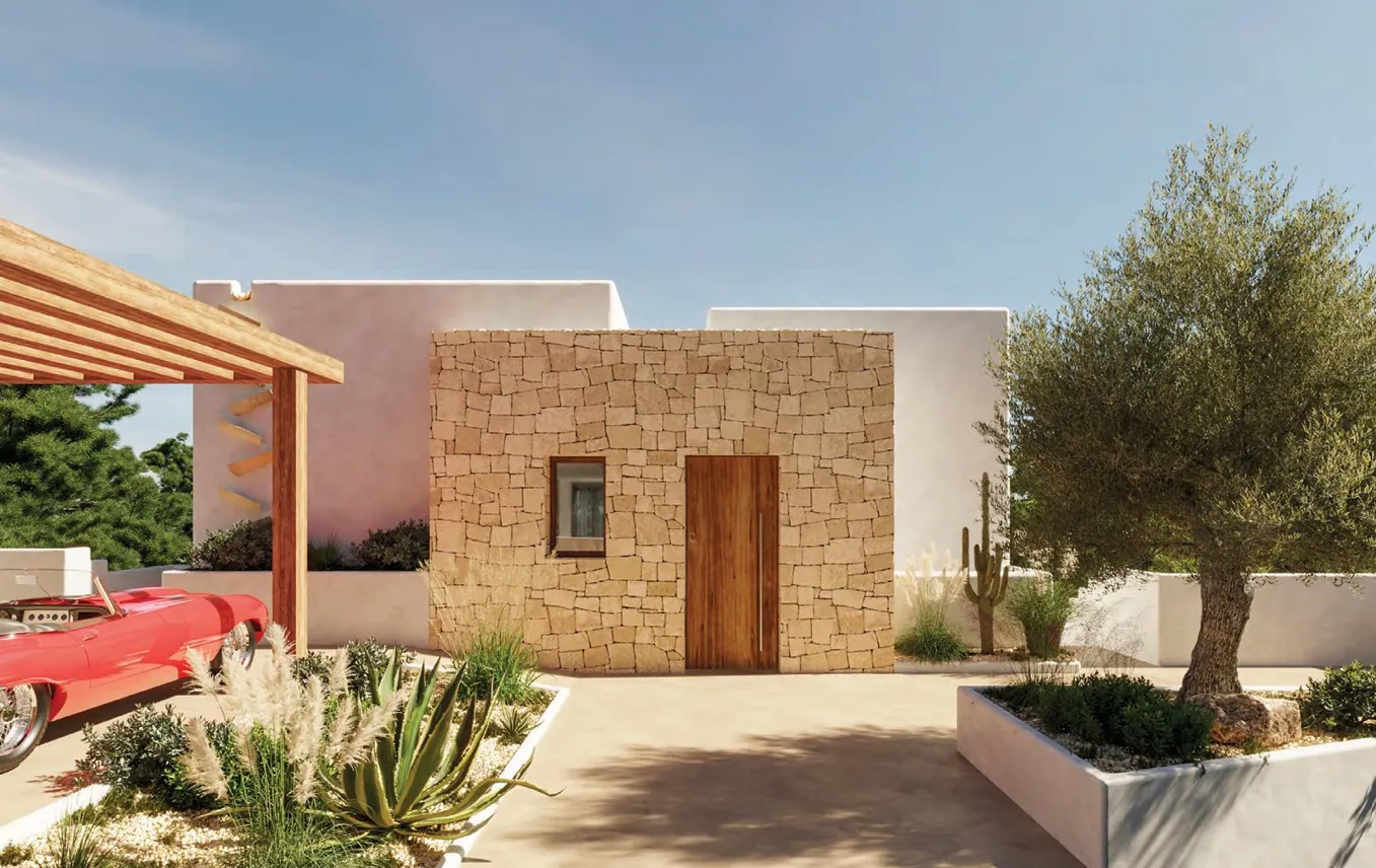 Charmante villa ibicenca avec de grandes terrasses et une piscine près de la plage.