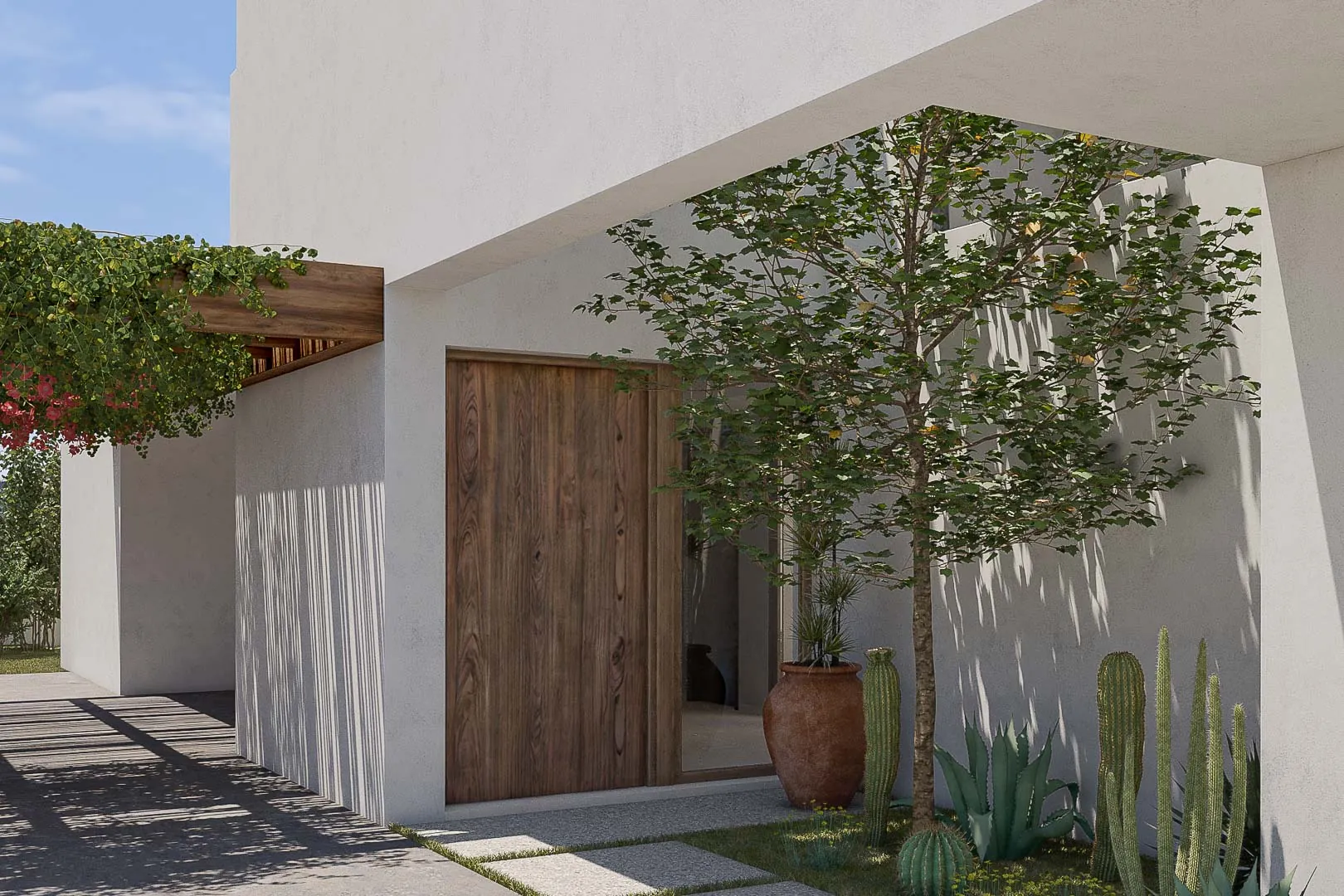 Proyecto de villa moderna en construcción dentro de una urbanización con vistas al mar