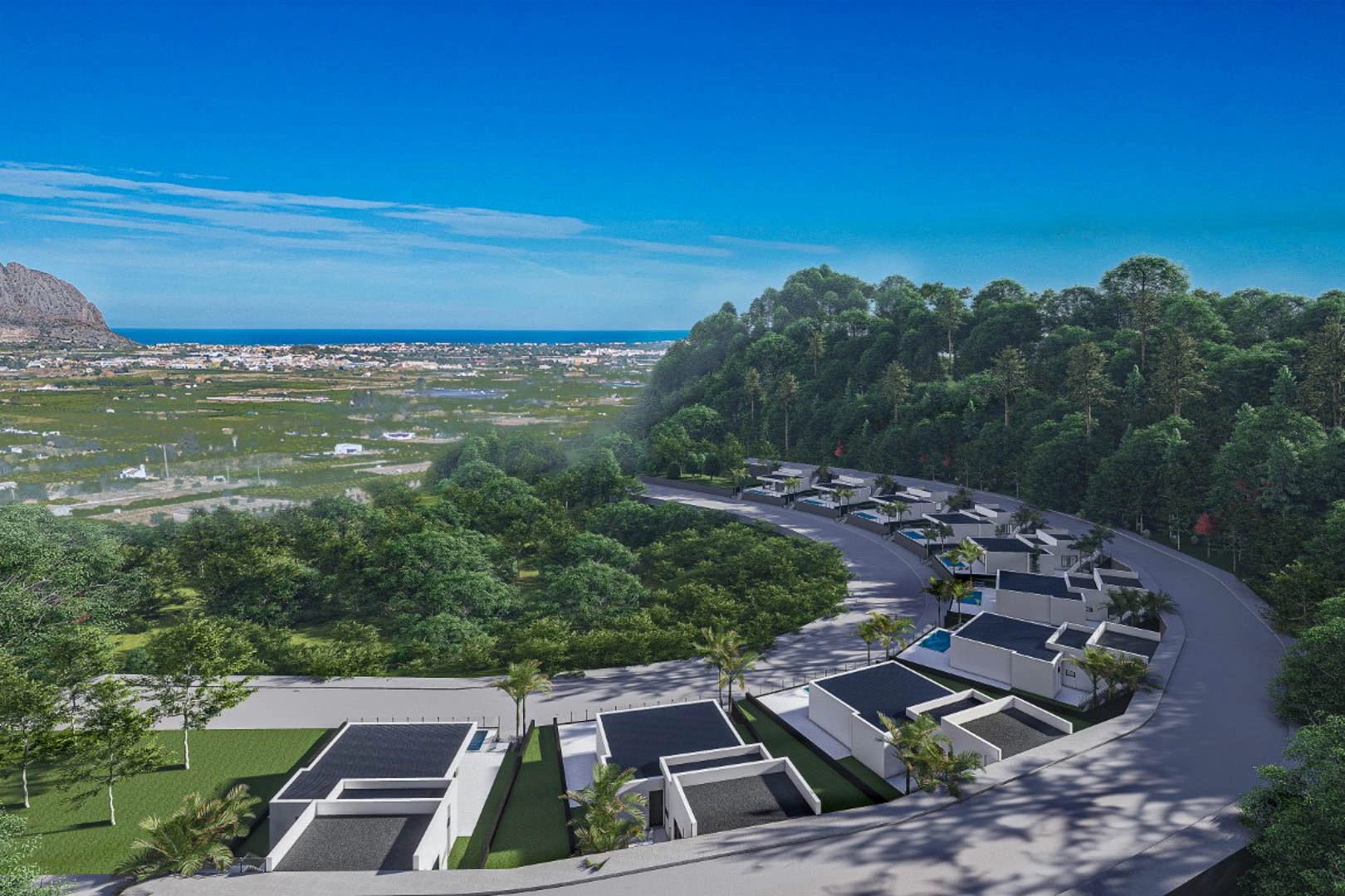 Complejo de villas independientes en construcción con piscina privada y vistas parciales al mar a la venta en pedreguer.