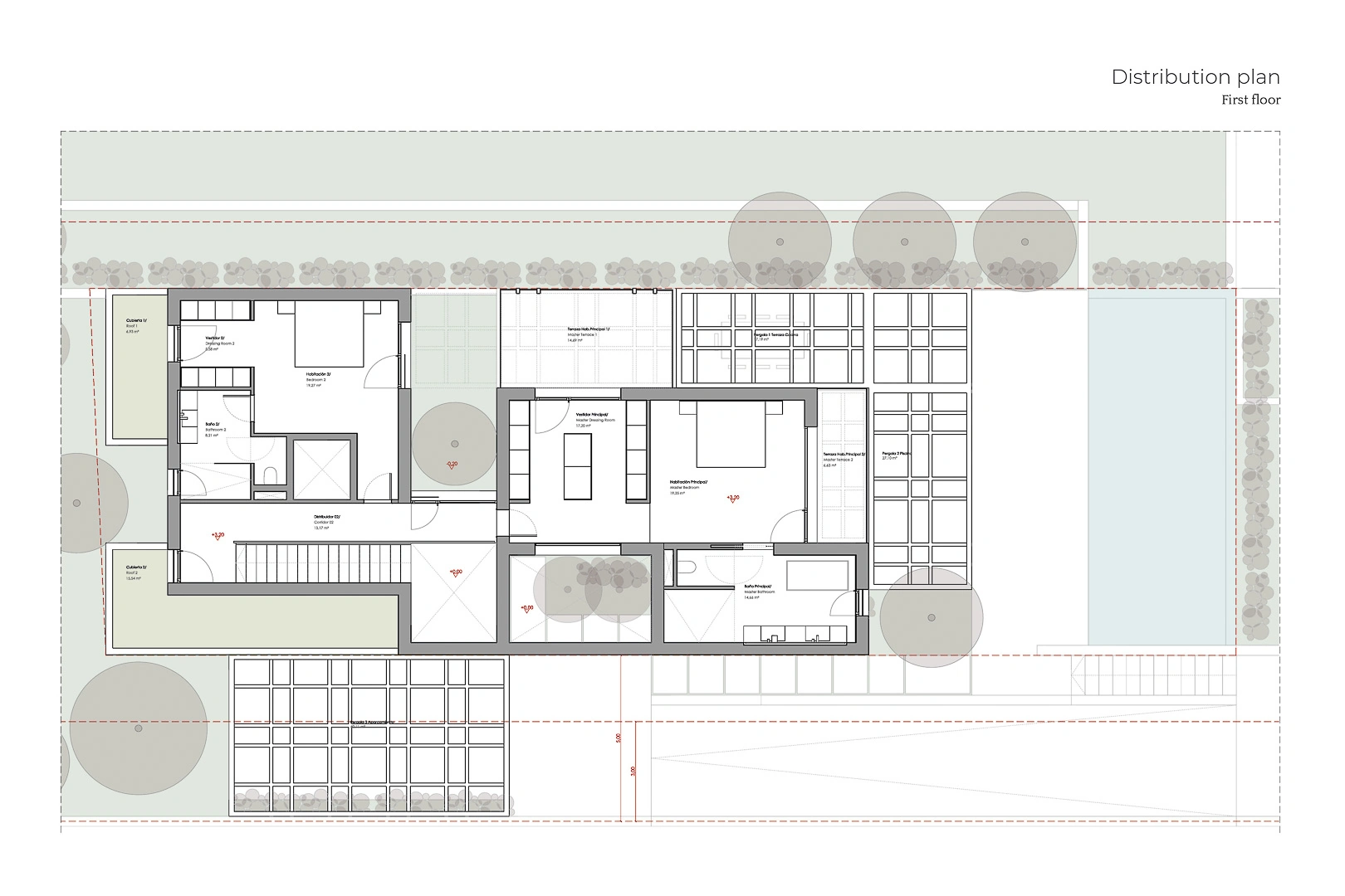 Proyecto de villa moderna en construcción dentro de una urbanización con vistas al mar