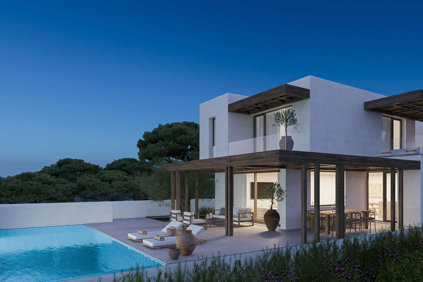 Proyecto de villa moderna en construcción dentro de una urbanización con vistas al mar