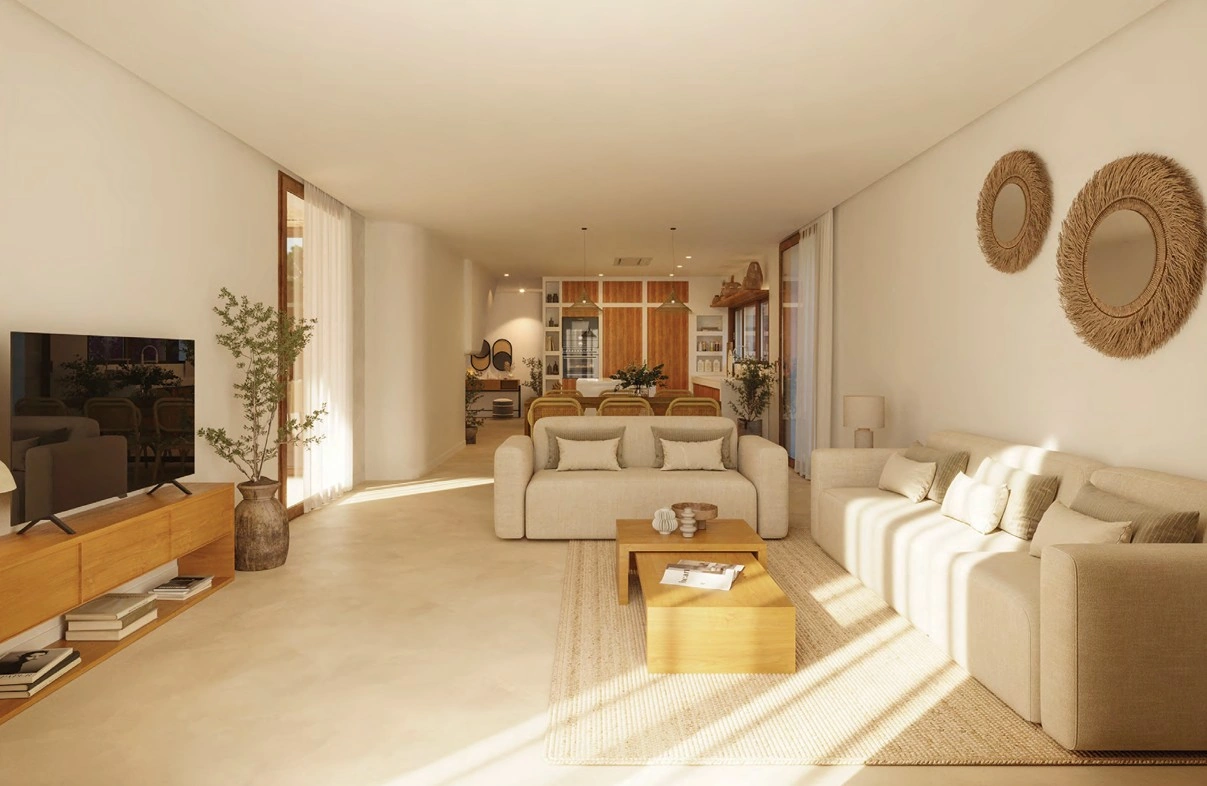 Charmante villa ibicenca avec de grandes terrasses et une piscine près de la plage.