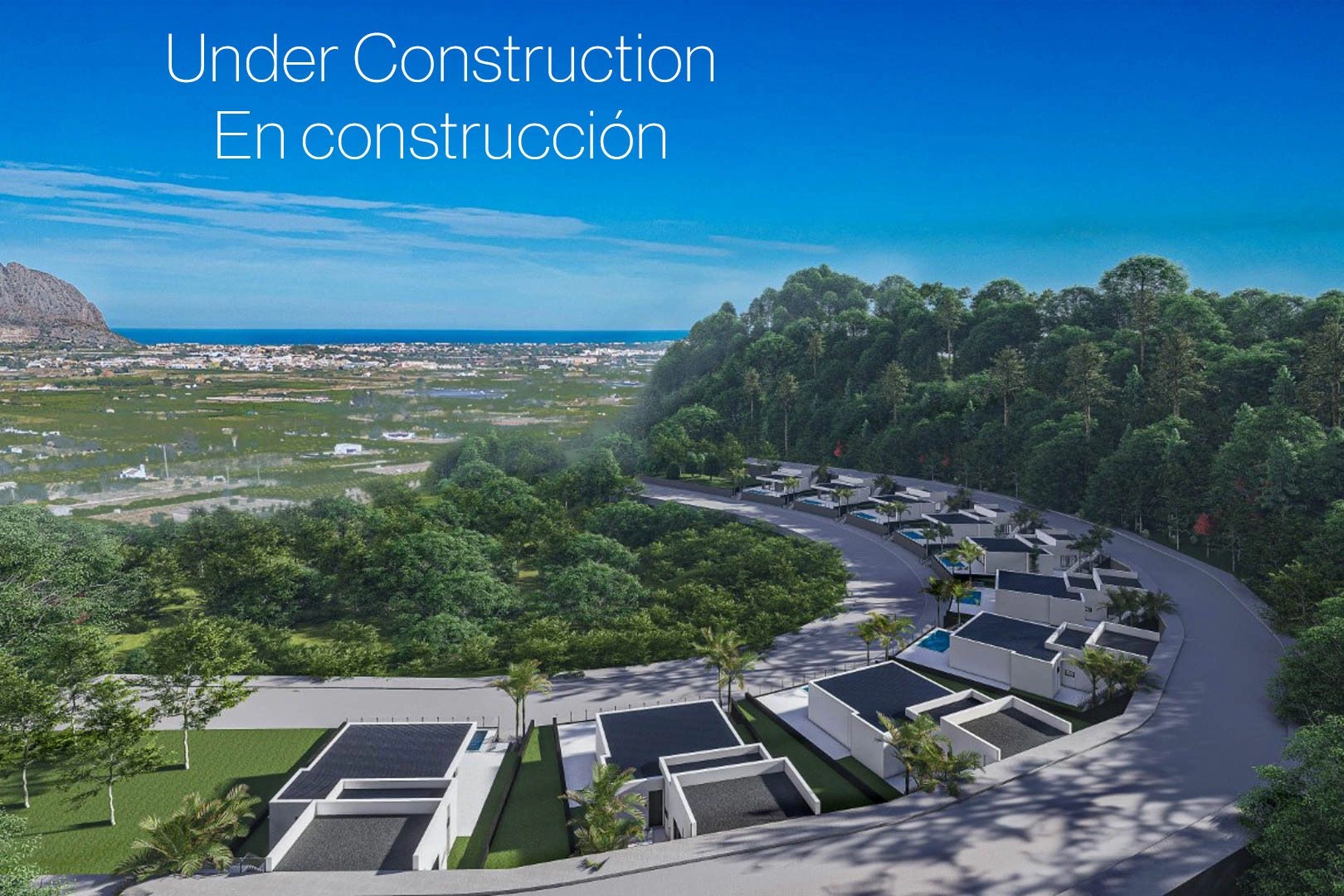 Complejo de villas independientes en construcción con piscina privada y vistas parciales al mar a la venta en pedreguer.