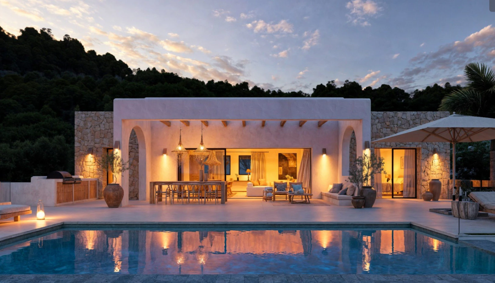 Villa ibicenca de obra nueva con vistas panorámicas en Pedreguer