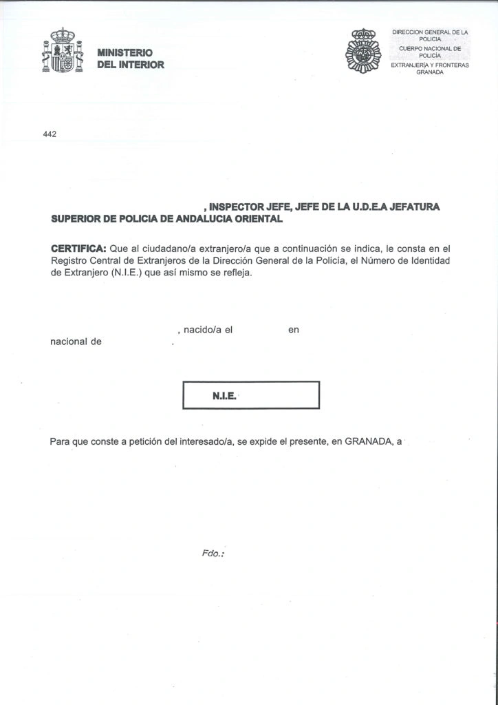 Ejemplo de numero N.I.E.